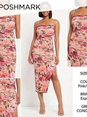 Express Pink Floral Ruched Midi Dress with Spaghetti Straps